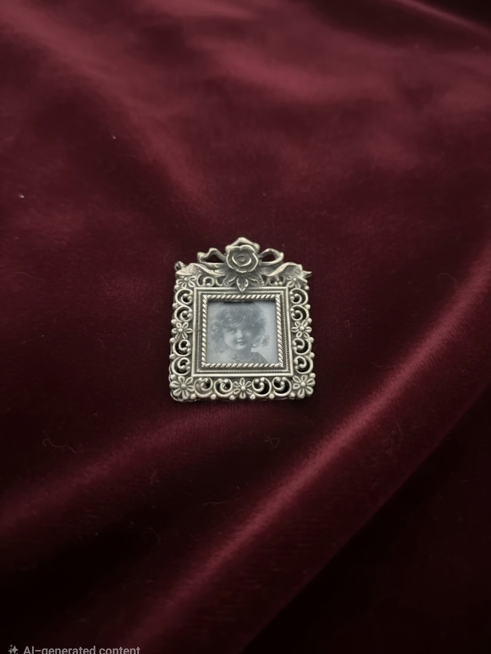 1928 Silver-Tone Floral Frame Brooch with Black Photo Motif